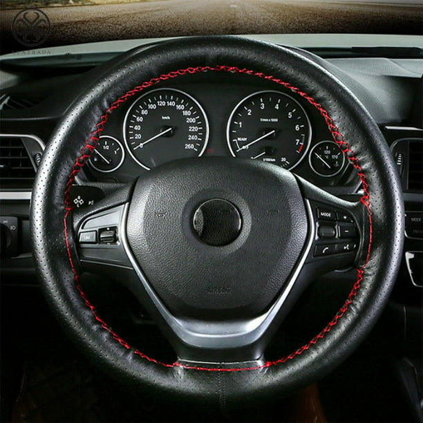 Black+Red PU Leather DIY Car Truck Steering Wheel Cover 15''/38cm Needles Thread 